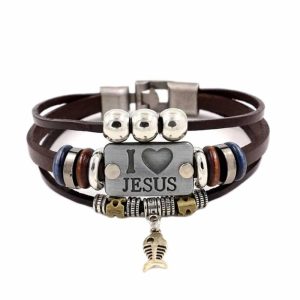 Killer Deals I Love Jesus Charm Unisex Steel & Leather Bracelet- M/L