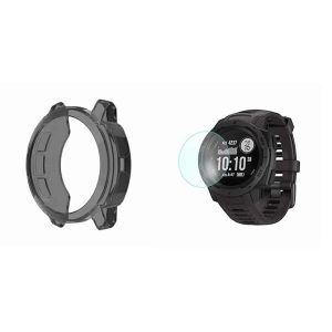 Killer Deals TPU case and 31mm Glass Screen Protector for Garmin Instinct Watch Black- Combo
